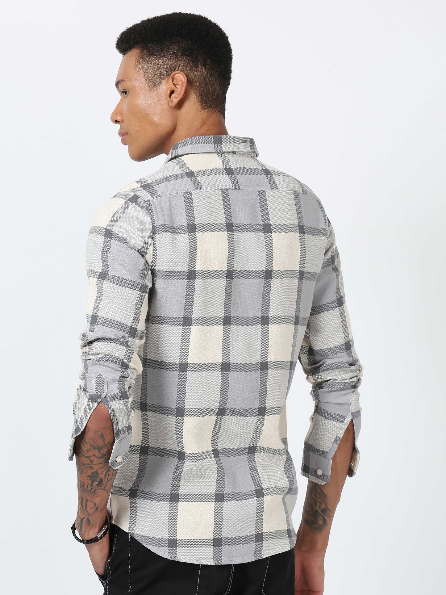 Light Grey Double Pocket Checks Shirt for men