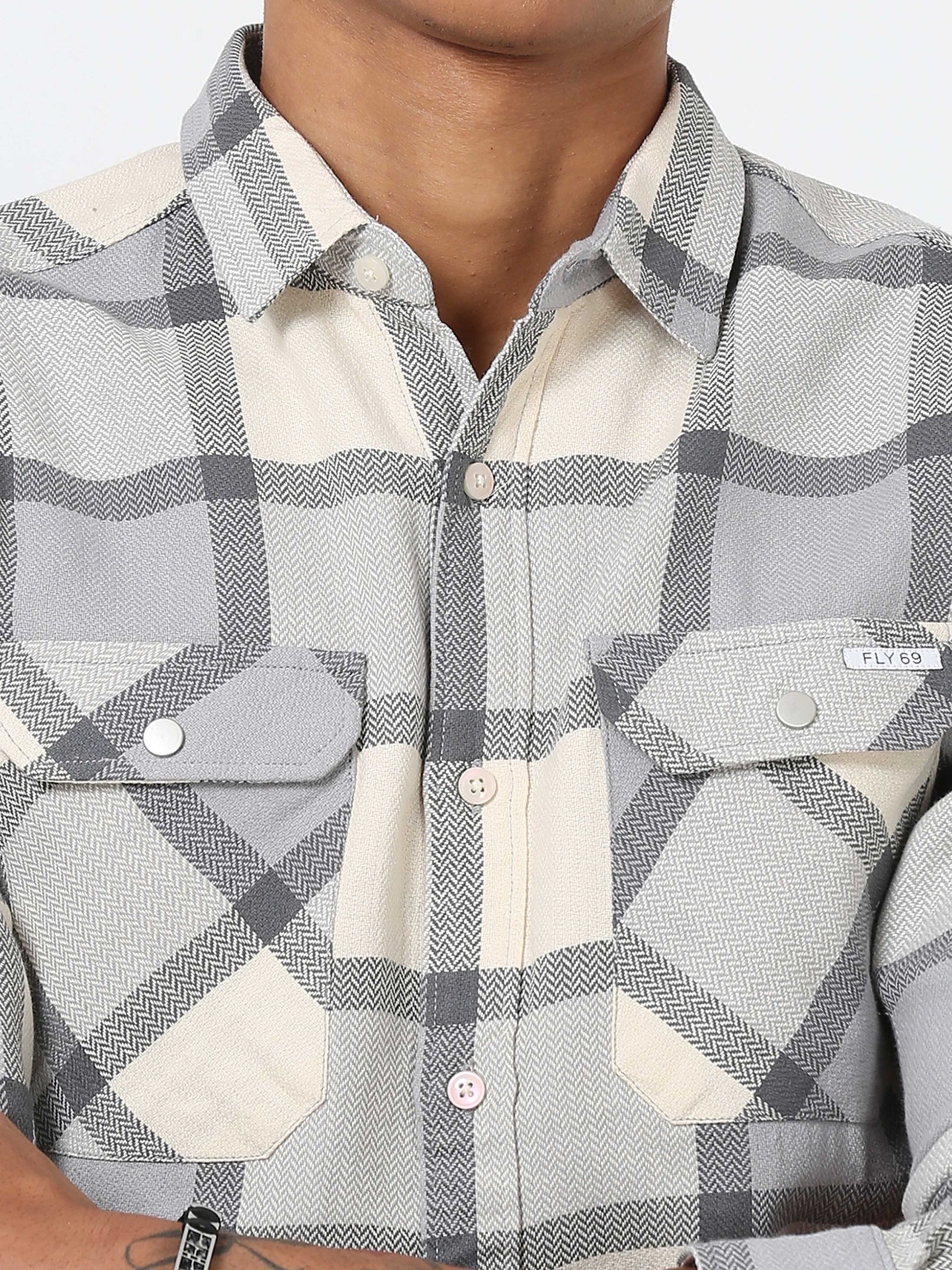 Light Grey Double Pocket Checks Shirt for men