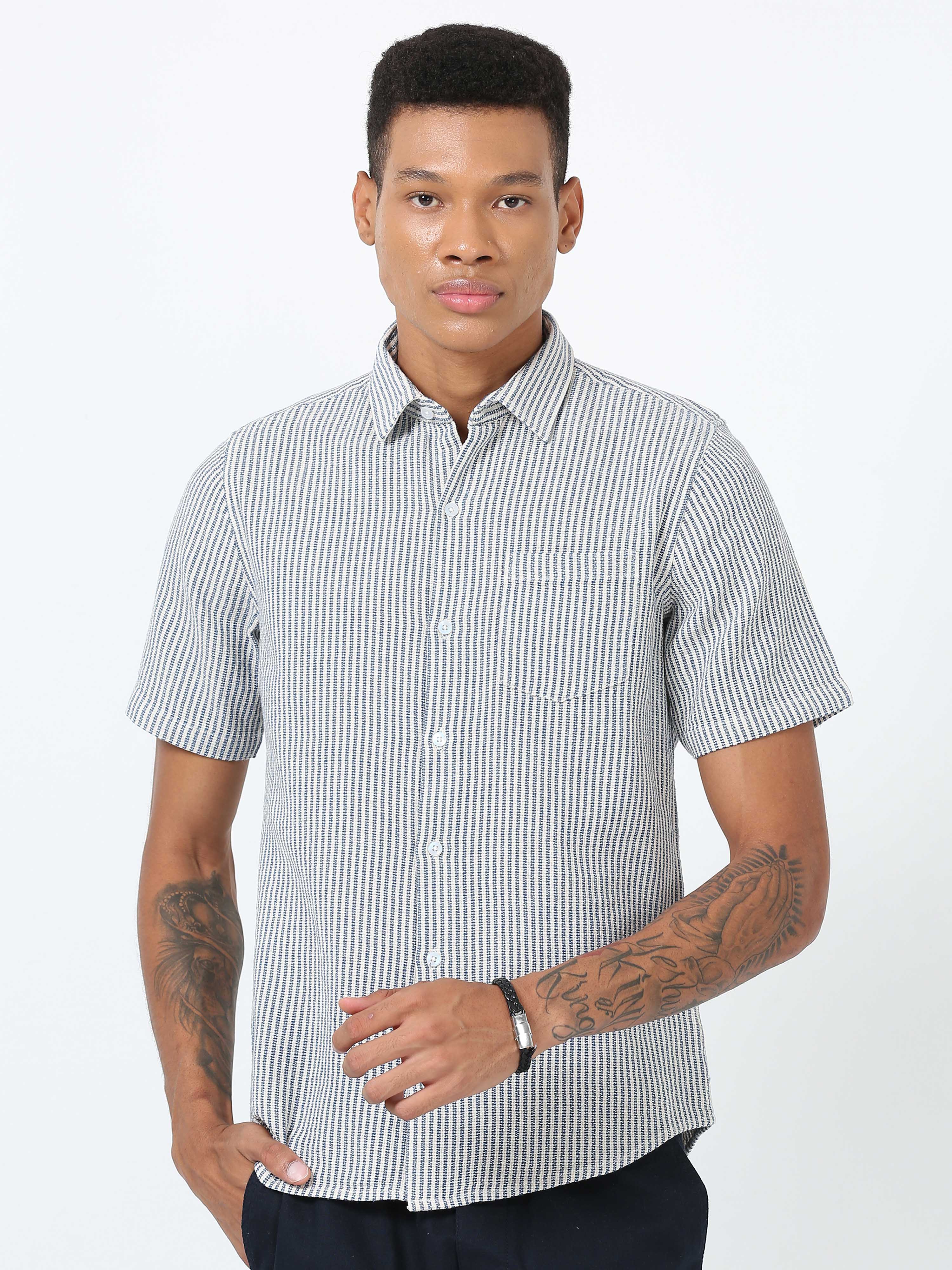 Buy White and Blue Striped Shirt Half Sleeve for Men