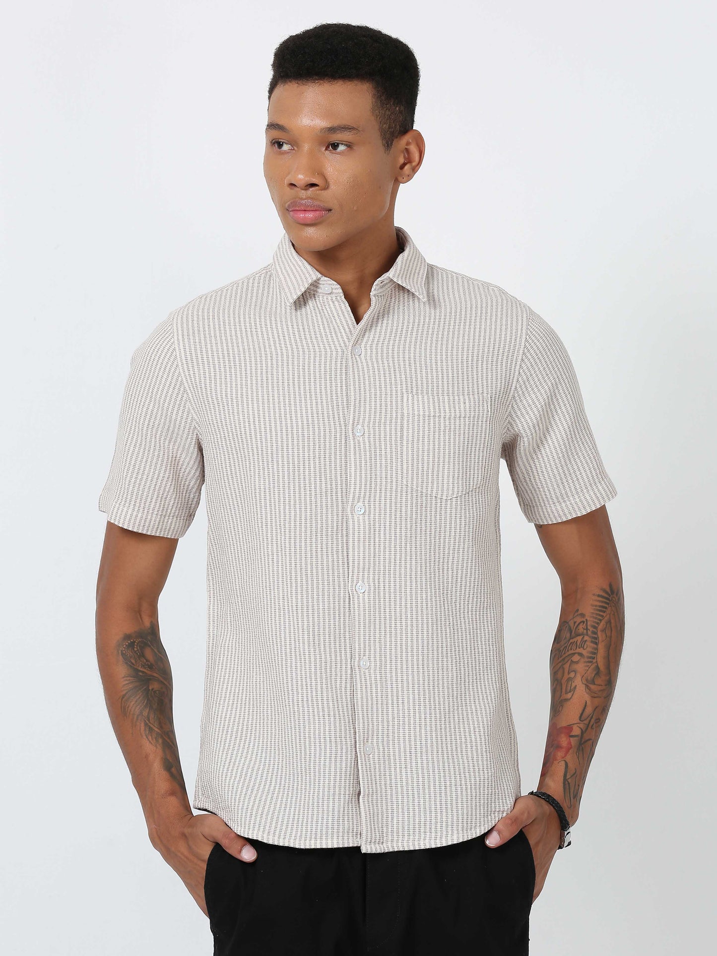 White vertical striped half sleeve shirt