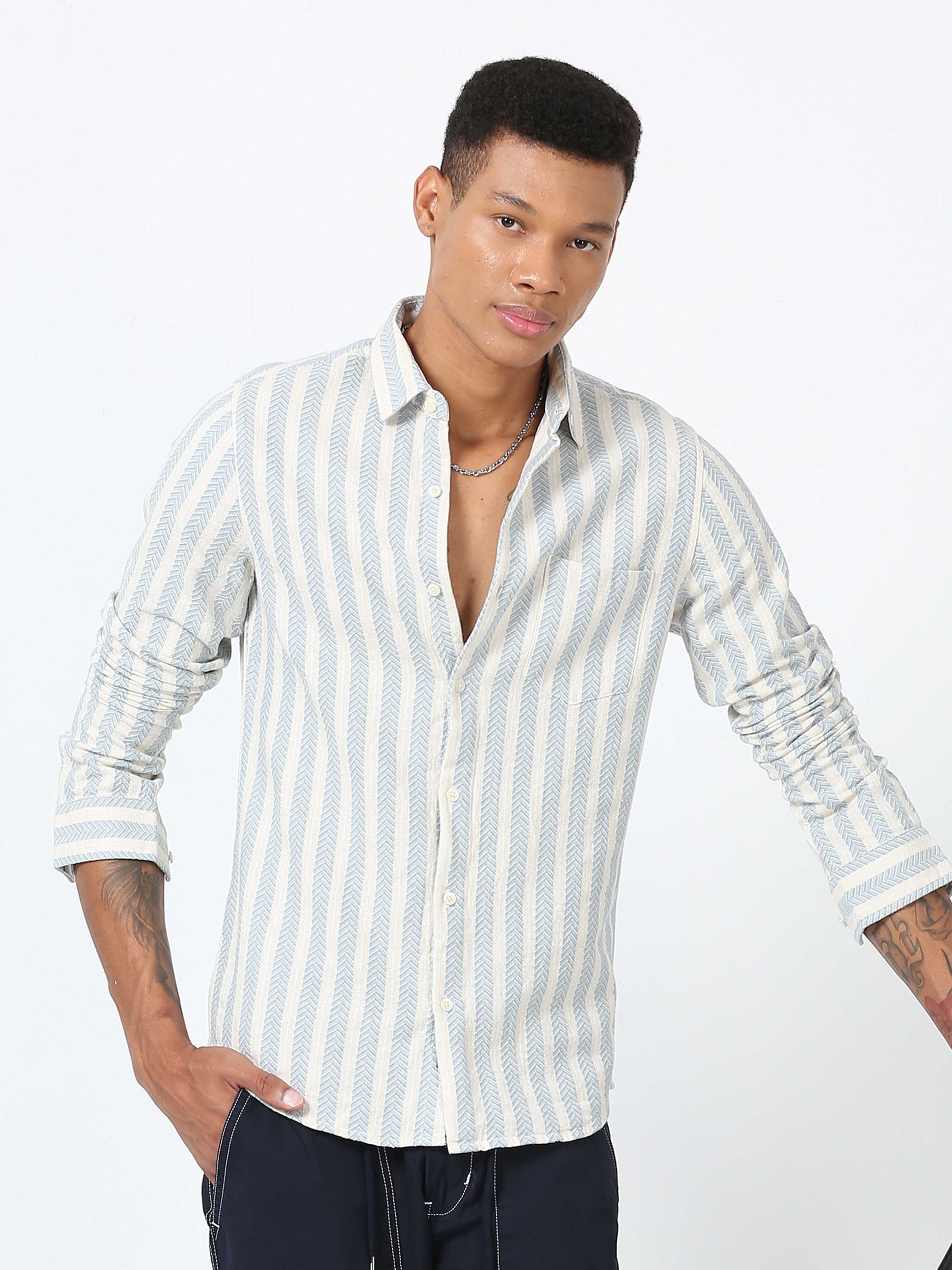 Sky Blue Arrow Design Full Sleeve Stripe Shirt