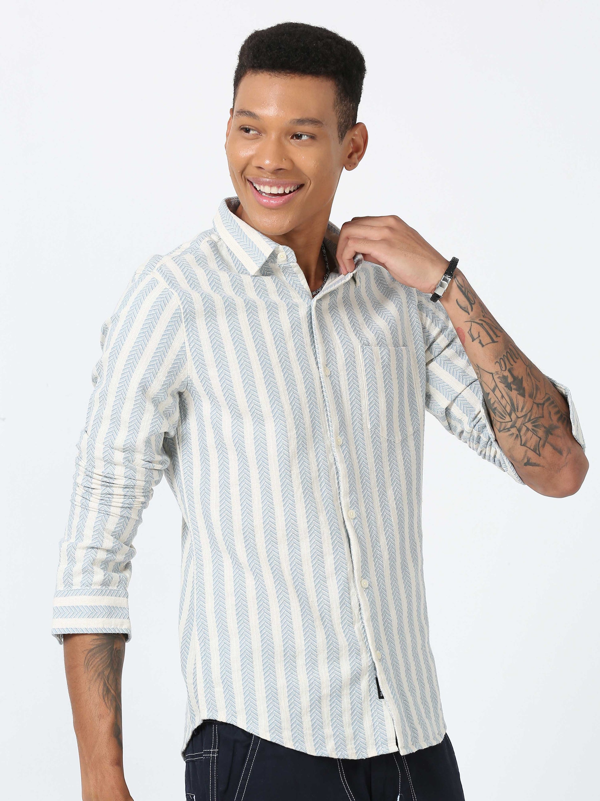 Sky Blue Arrow Design Full Sleeve Stripe Shirt