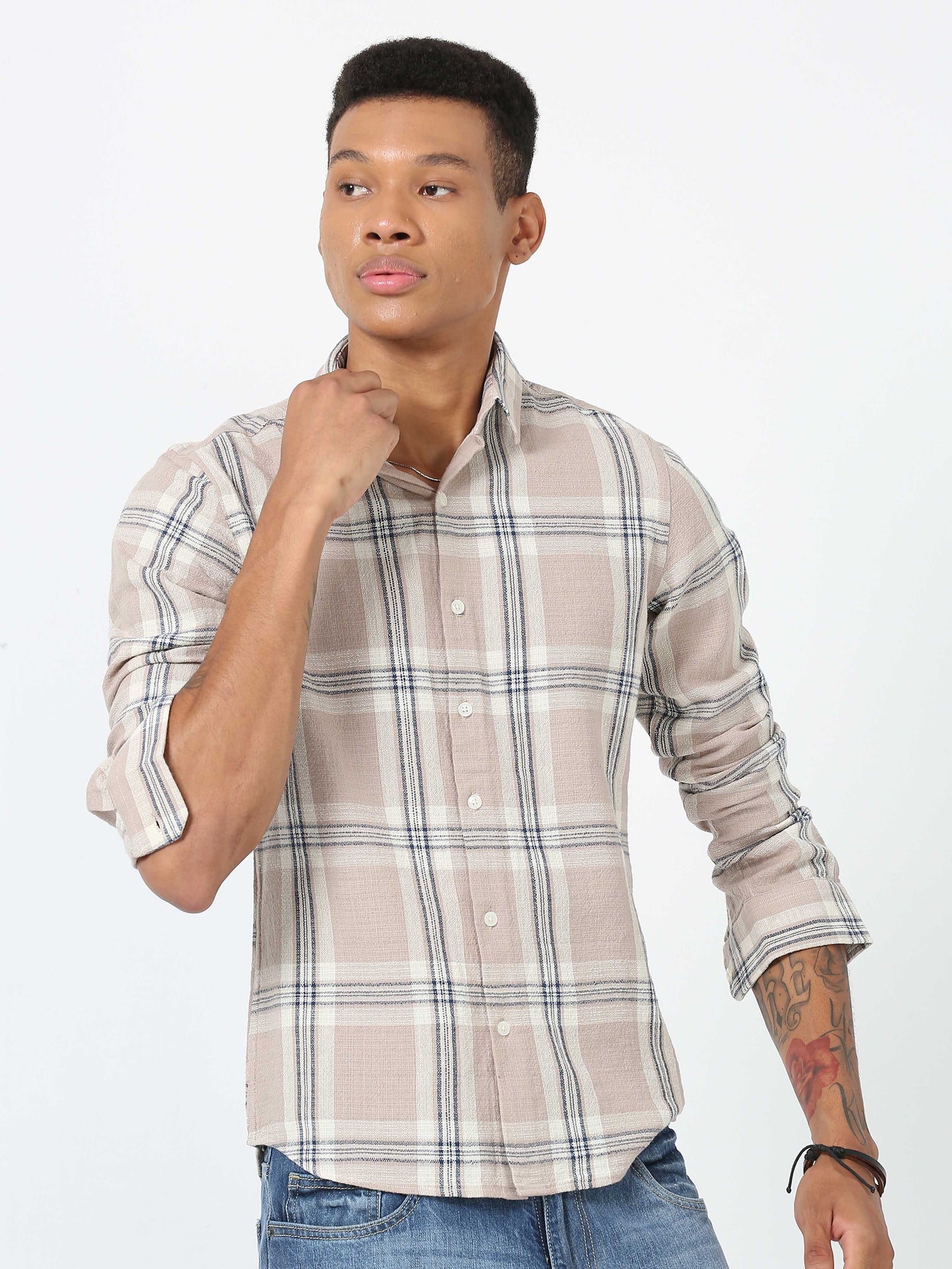 Full Sleeve Beige Check Shirt Mens