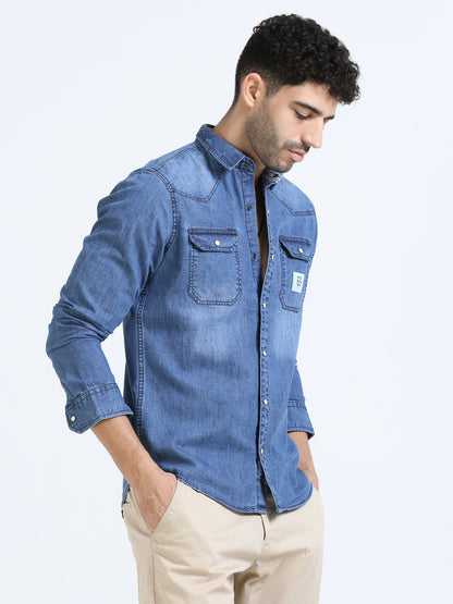 Polo blue denim double pocket shirt for men