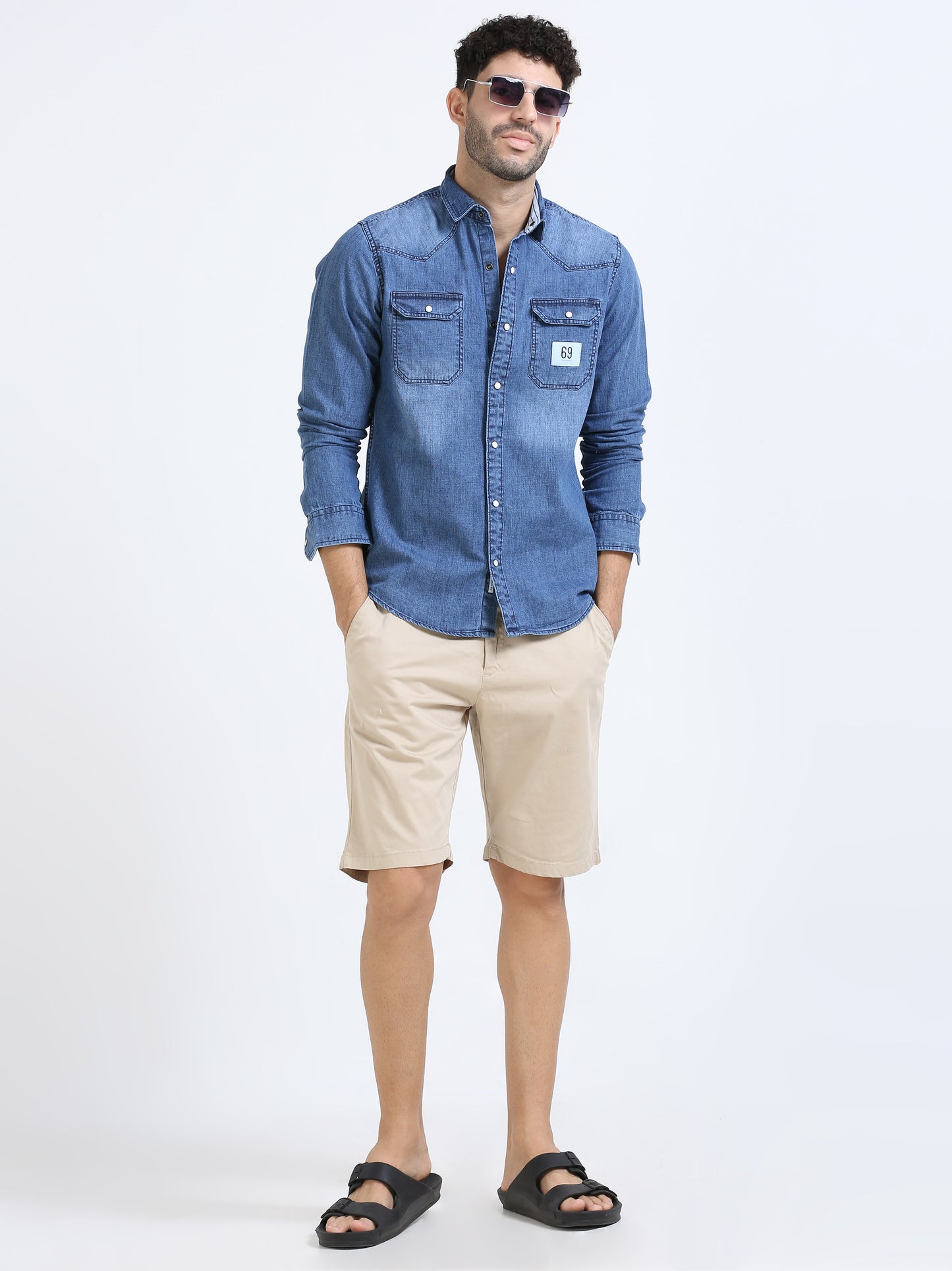 Polo blue denim double pocket shirt for men