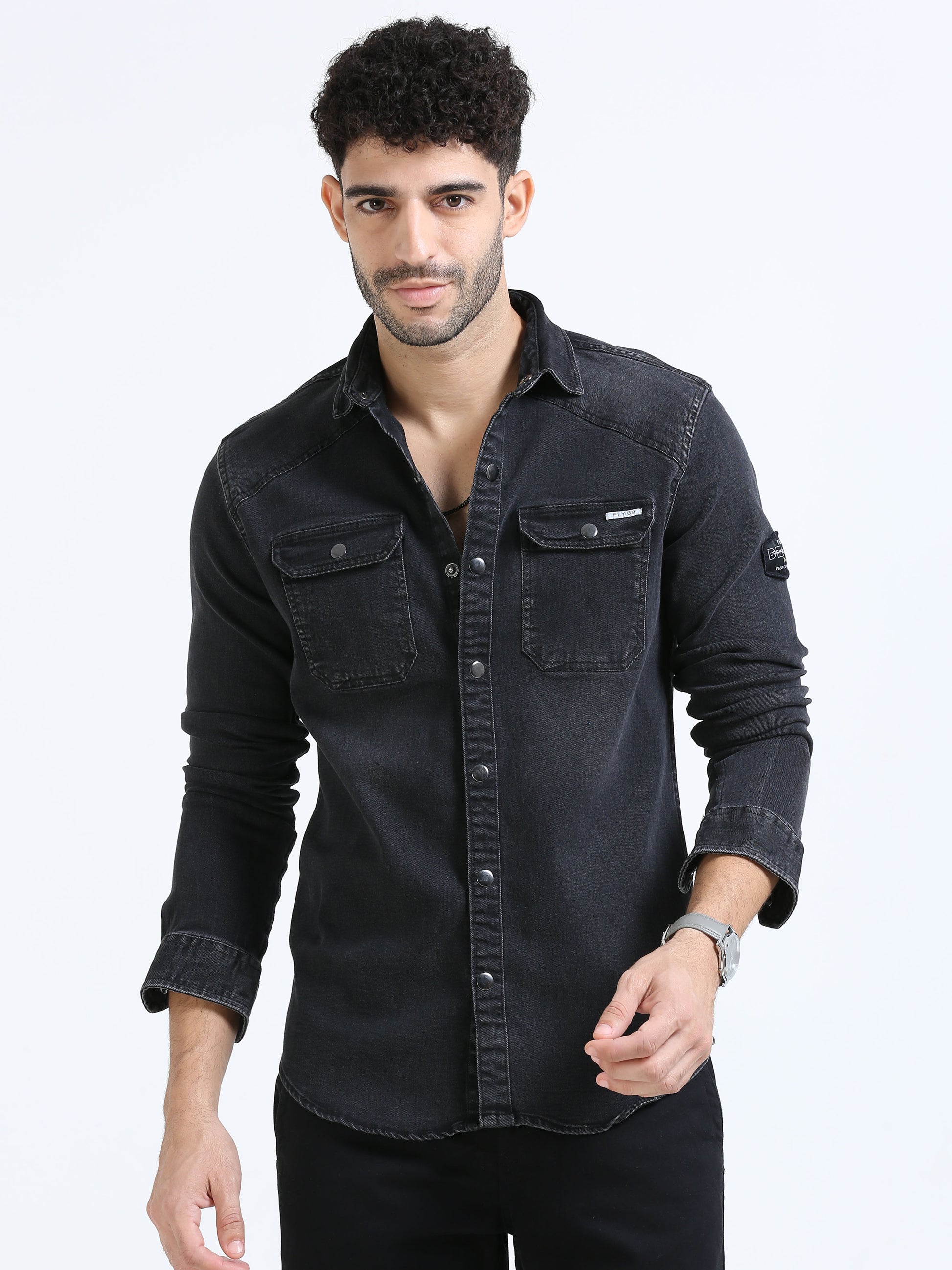 Vuclan black double pocket shirts denim for men