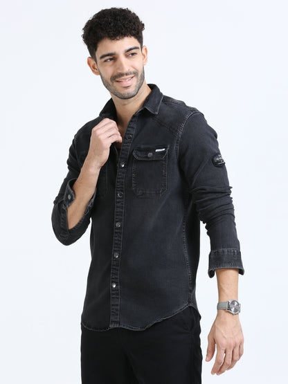 Vuclan black double pocket shirts denim for men