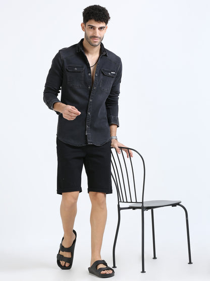 Vuclan black double pocket shirts denim for men