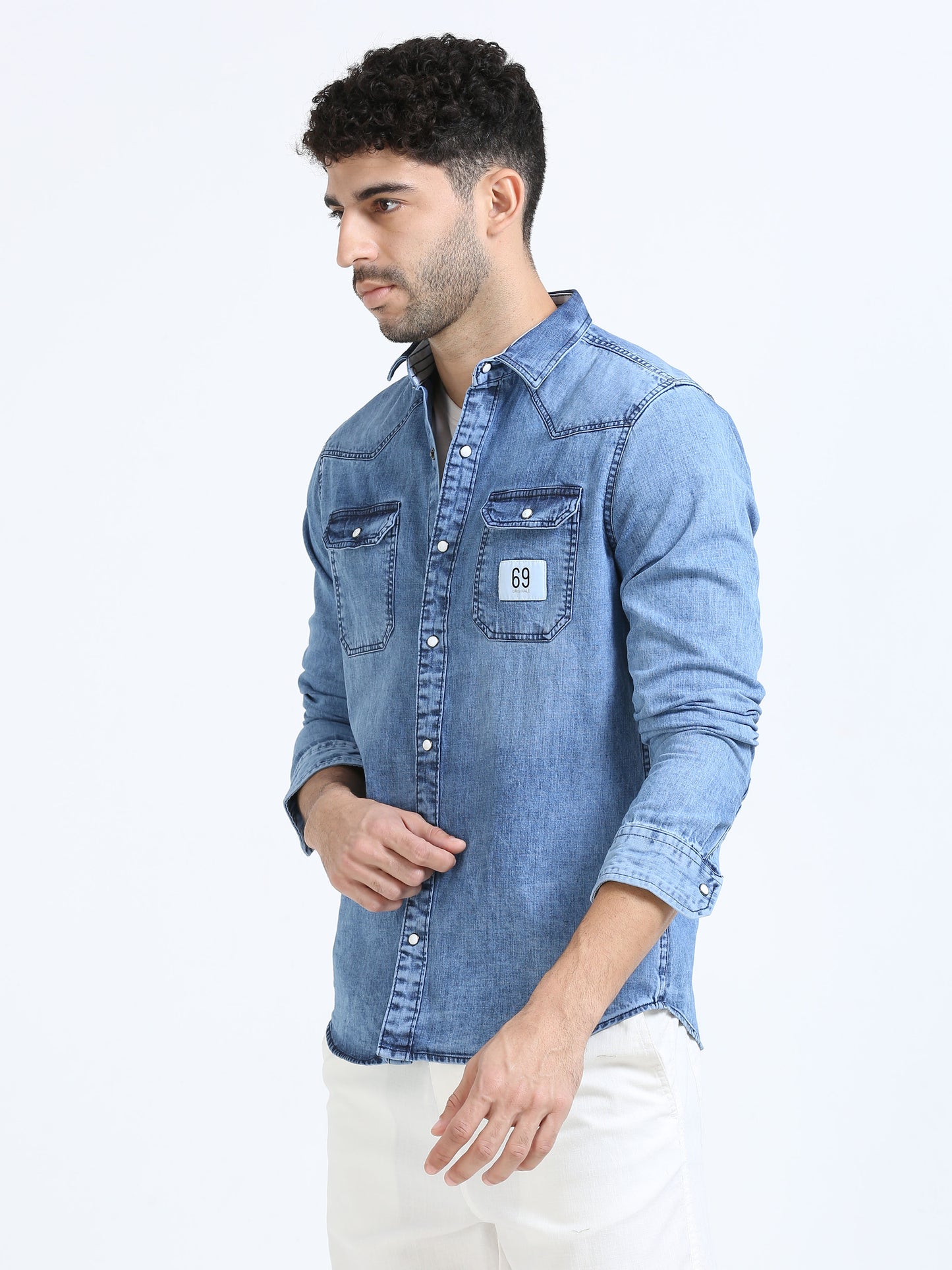 Wild blue double pocket solid denim shirt for men