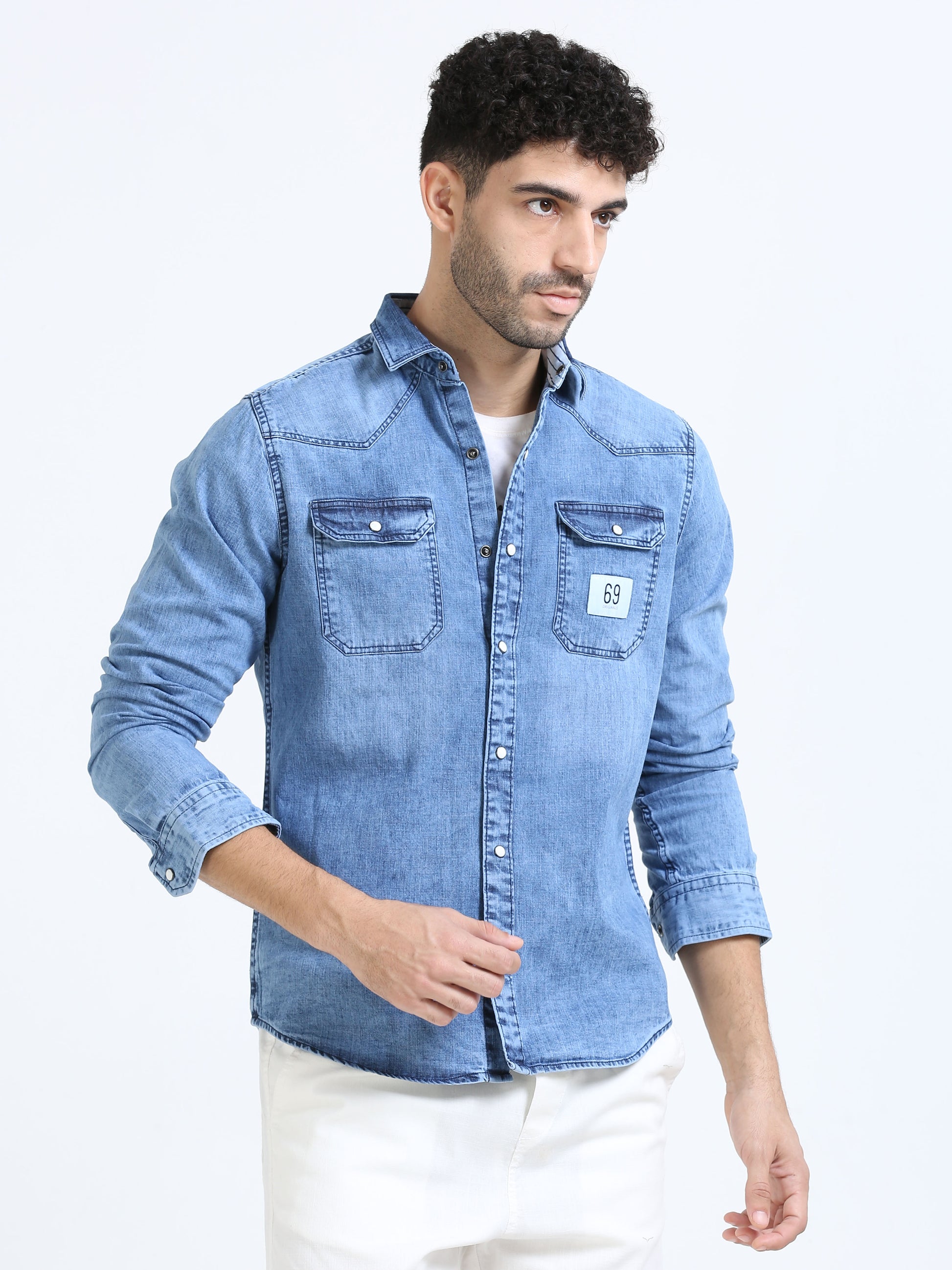 Wild blue double pocket solid denim shirt for men