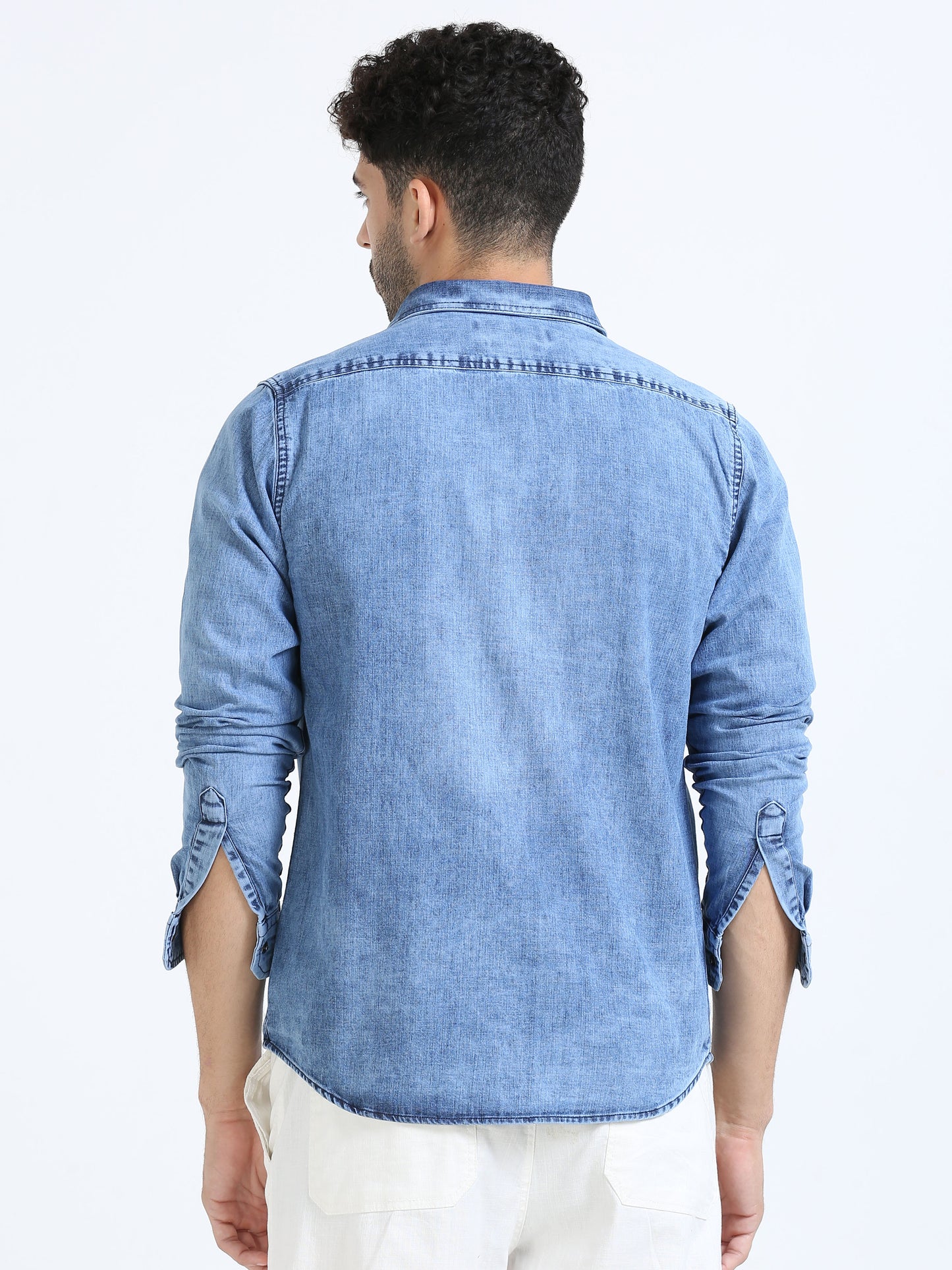 Wild blue double pocket solid denim shirt for men