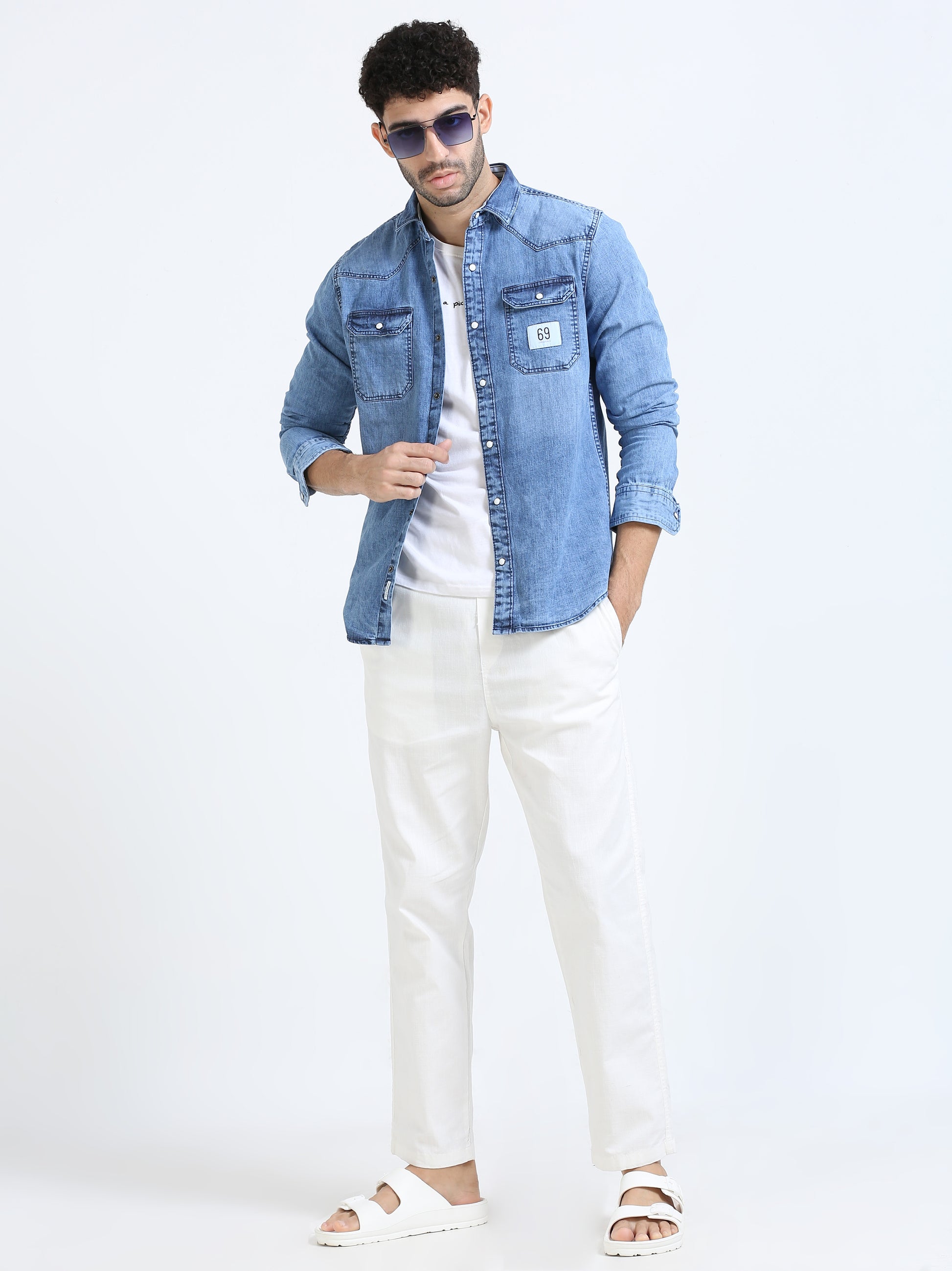 Wild blue double pocket solid denim shirt for men