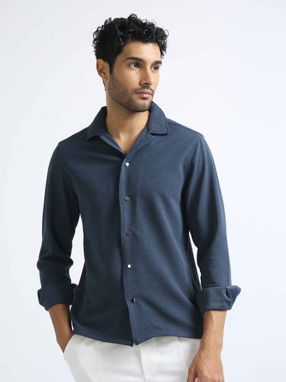 Metallic Blue Cuban Collar Shirt