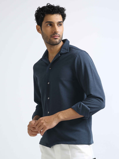 Metallic Blue Cuban Collar Shirt