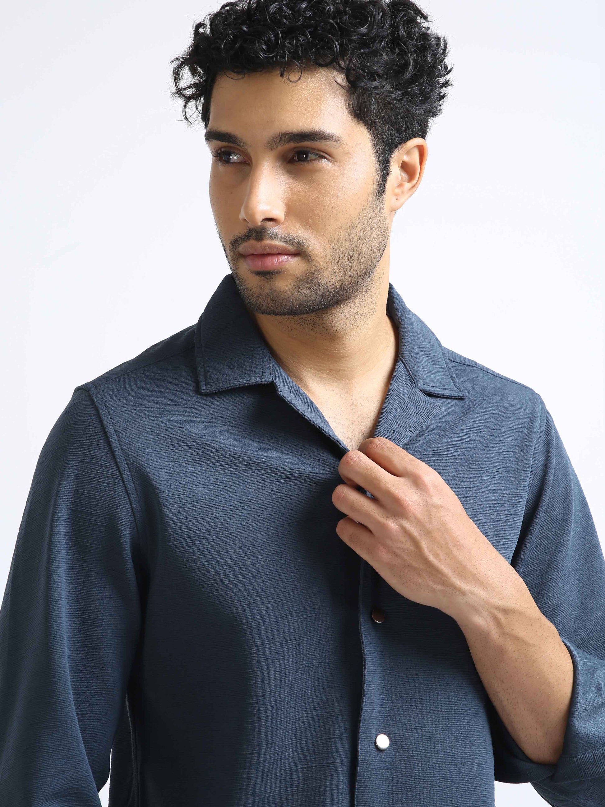 Metallic Blue Cuban Collar Shirt