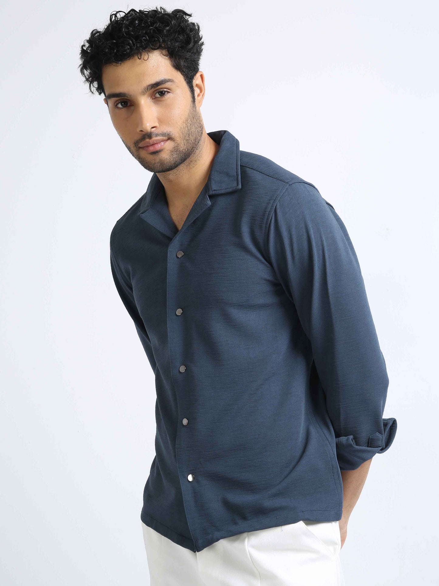 Metallic Blue Cuban Collar Shirt