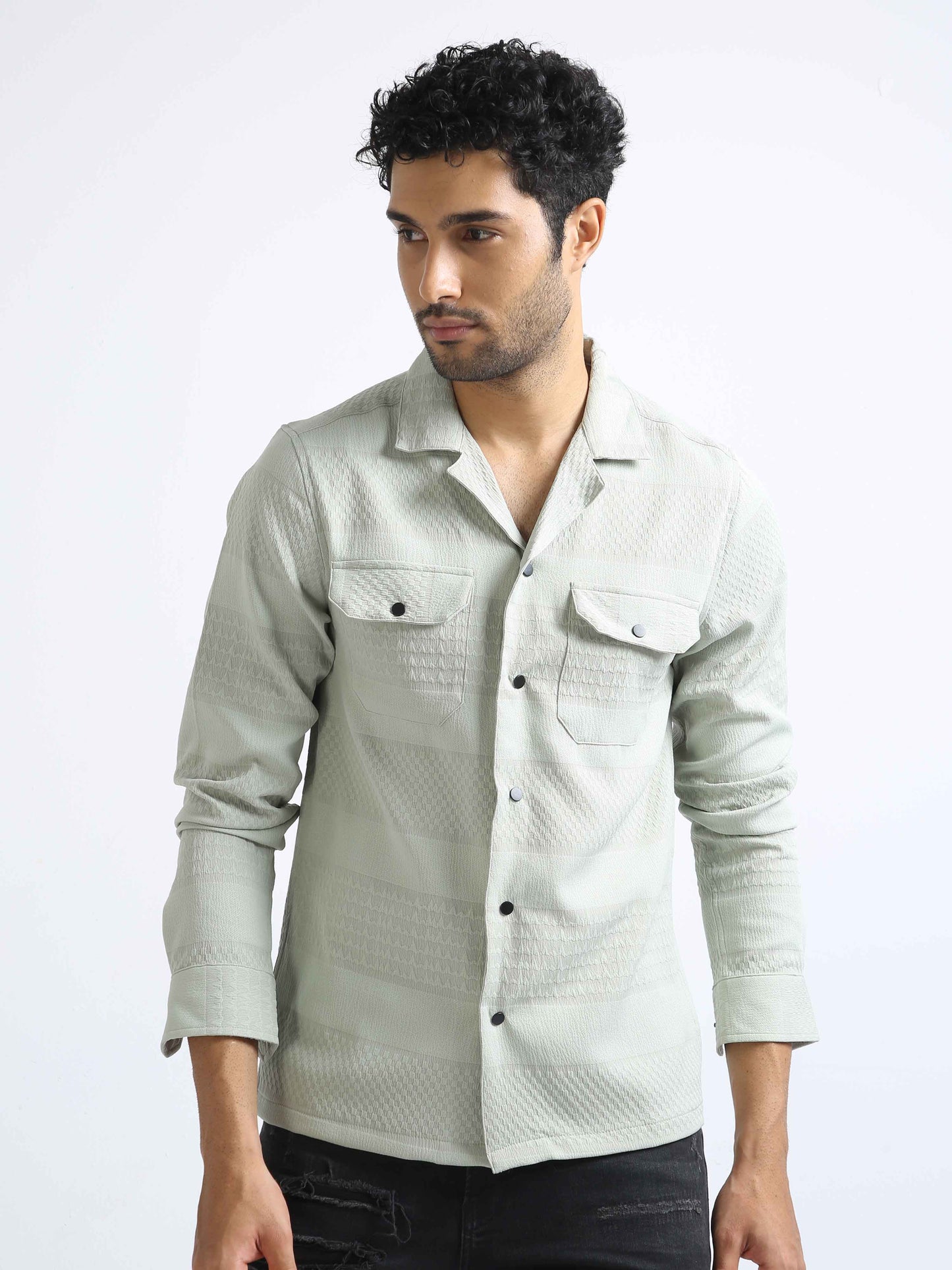 Pista Green Double Pocket Textured Shirt