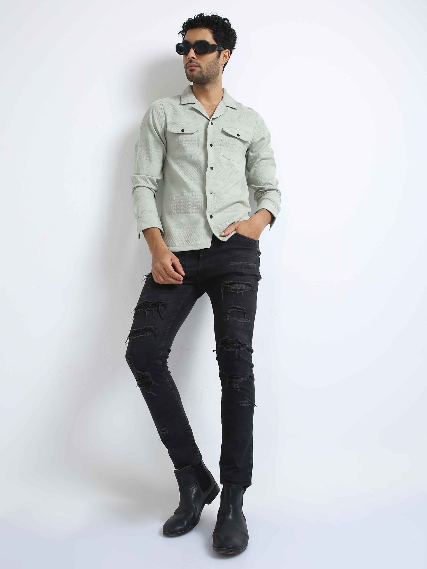 Pista Green Double Pocket Textured Shirt