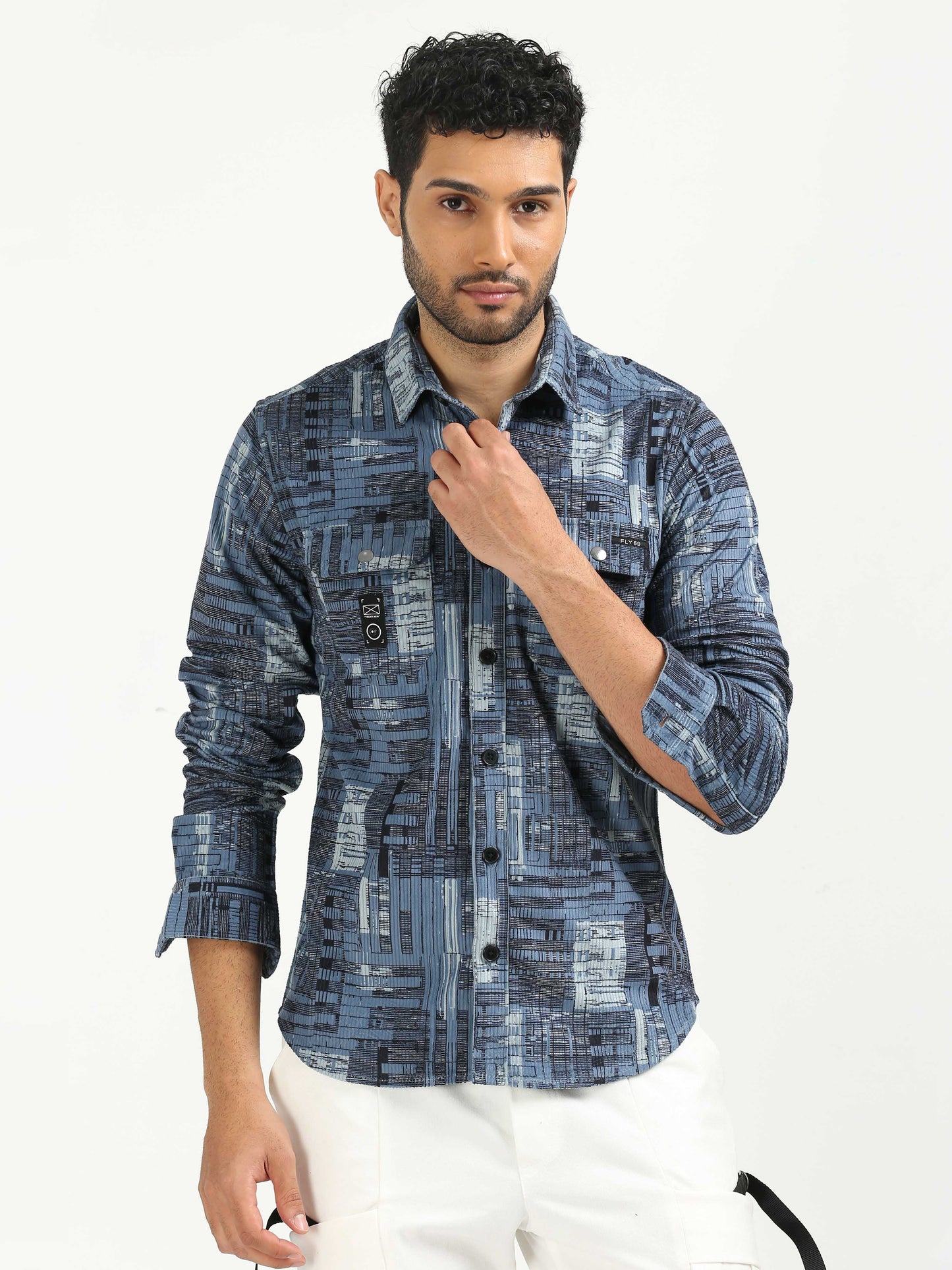 Celestial Blue Corduroy Printed Shirt