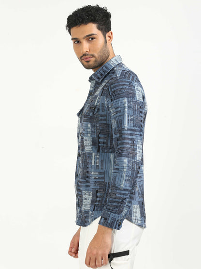 Celestial Blue Corduroy Printed Shirt