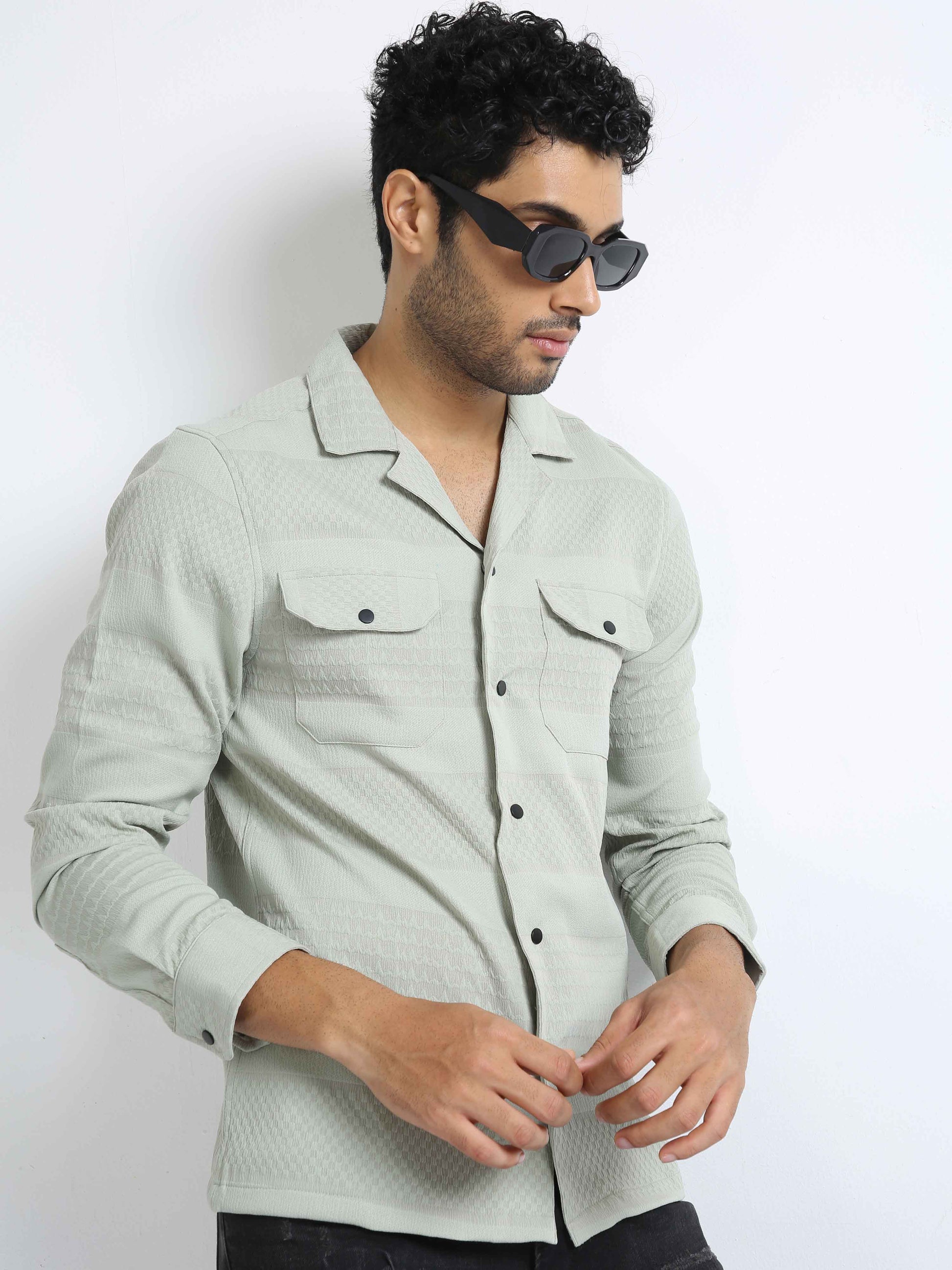 Pista Green Double Pocket Textured Shirt