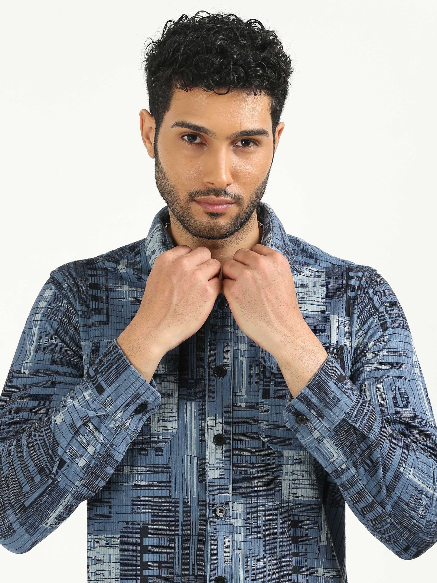 Celestial Blue Corduroy Printed Shirt