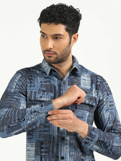 Celestial Blue Corduroy Printed Shirt