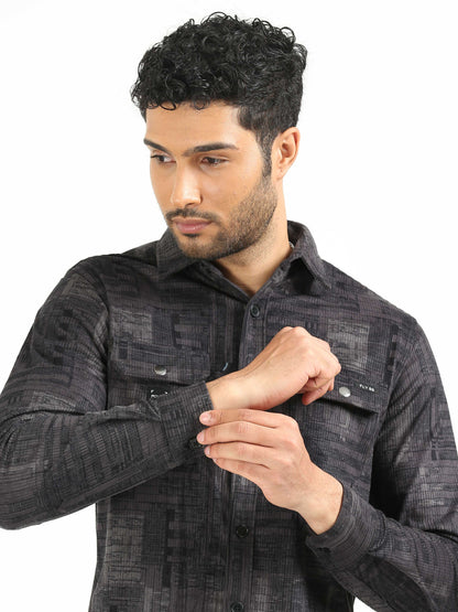 Midnight Black Corduroy Printed Shirts