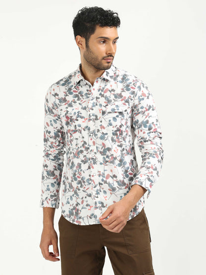 White Floral Print Corduroy Shirt