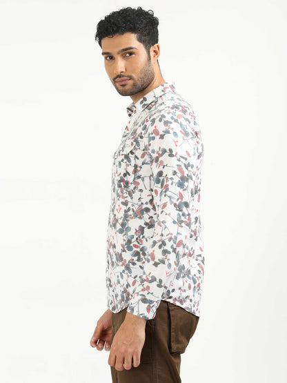 White Floral Print Corduroy Shirt