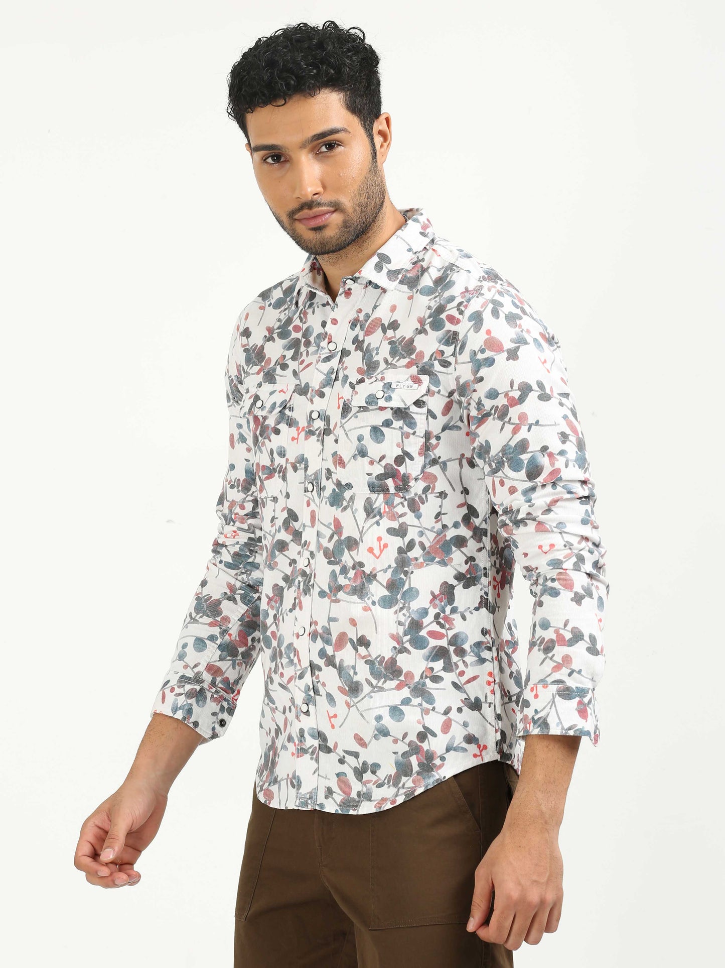 White Floral Print Corduroy Shirt