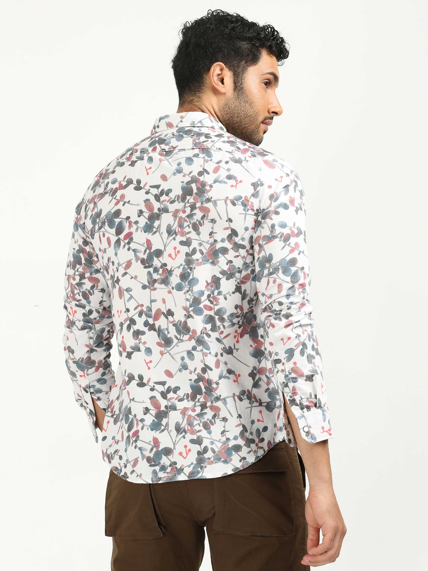 White Floral Print Corduroy Shirt