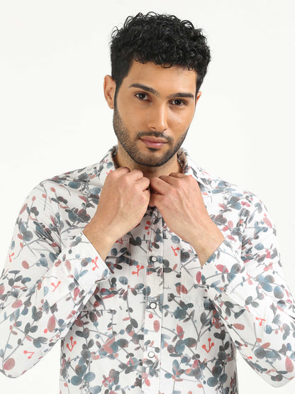 White Floral Print Corduroy Shirt