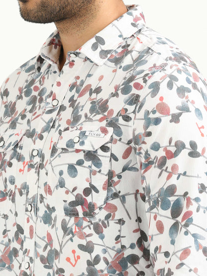 White Floral Print Corduroy Shirt