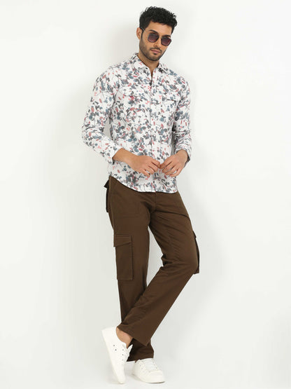 White Floral Print Corduroy Shirt