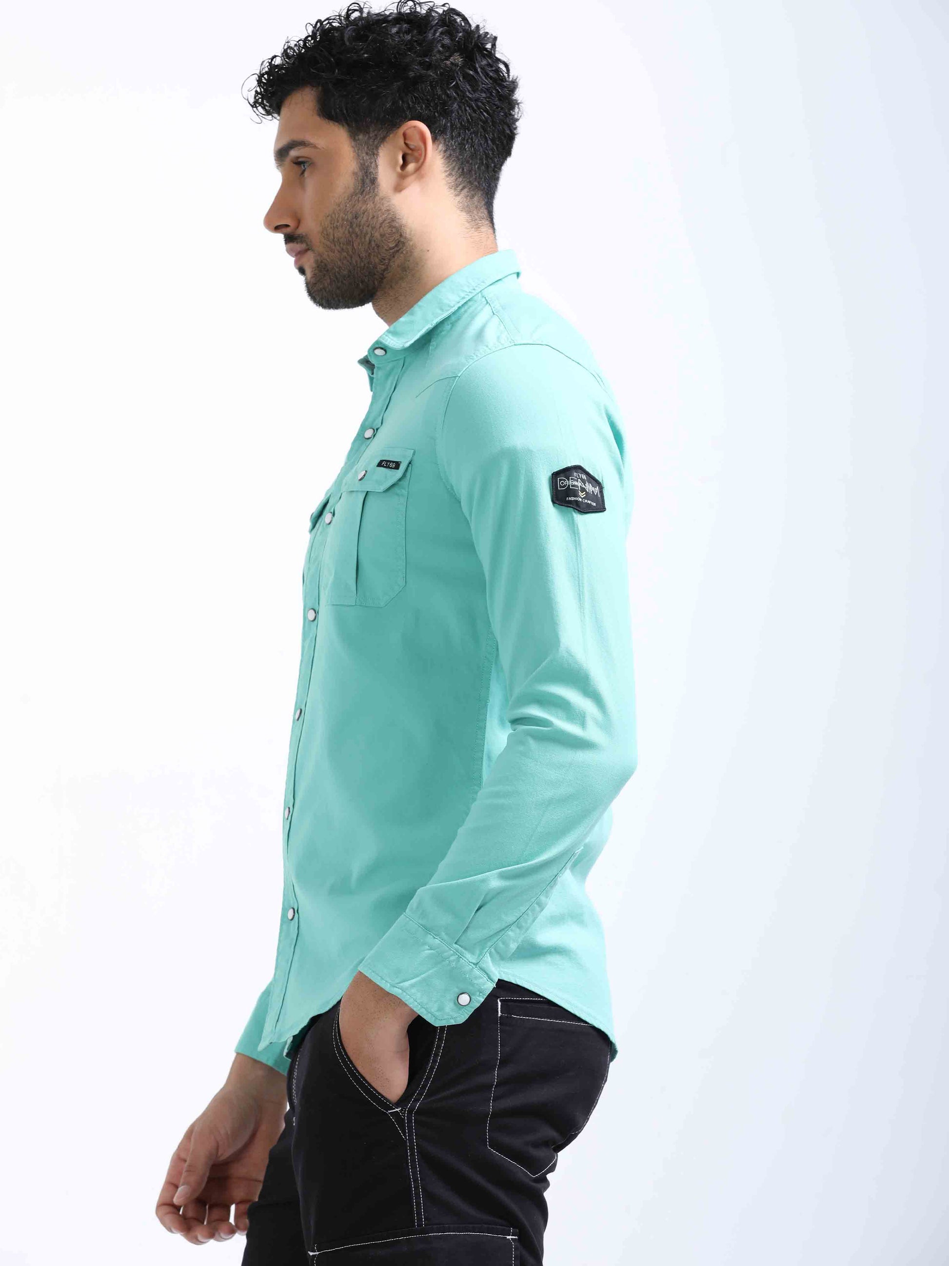 Turquoise Double Pocket Shirt For Men