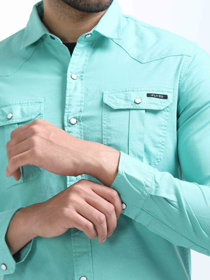 Turquoise Double Pocket Shirt For Men