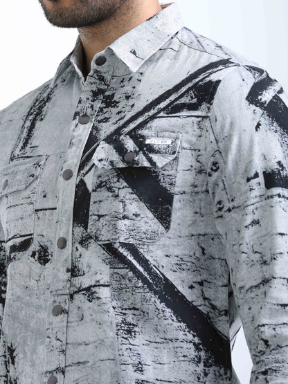 Grey Twill Printed Double Pocket Shirt