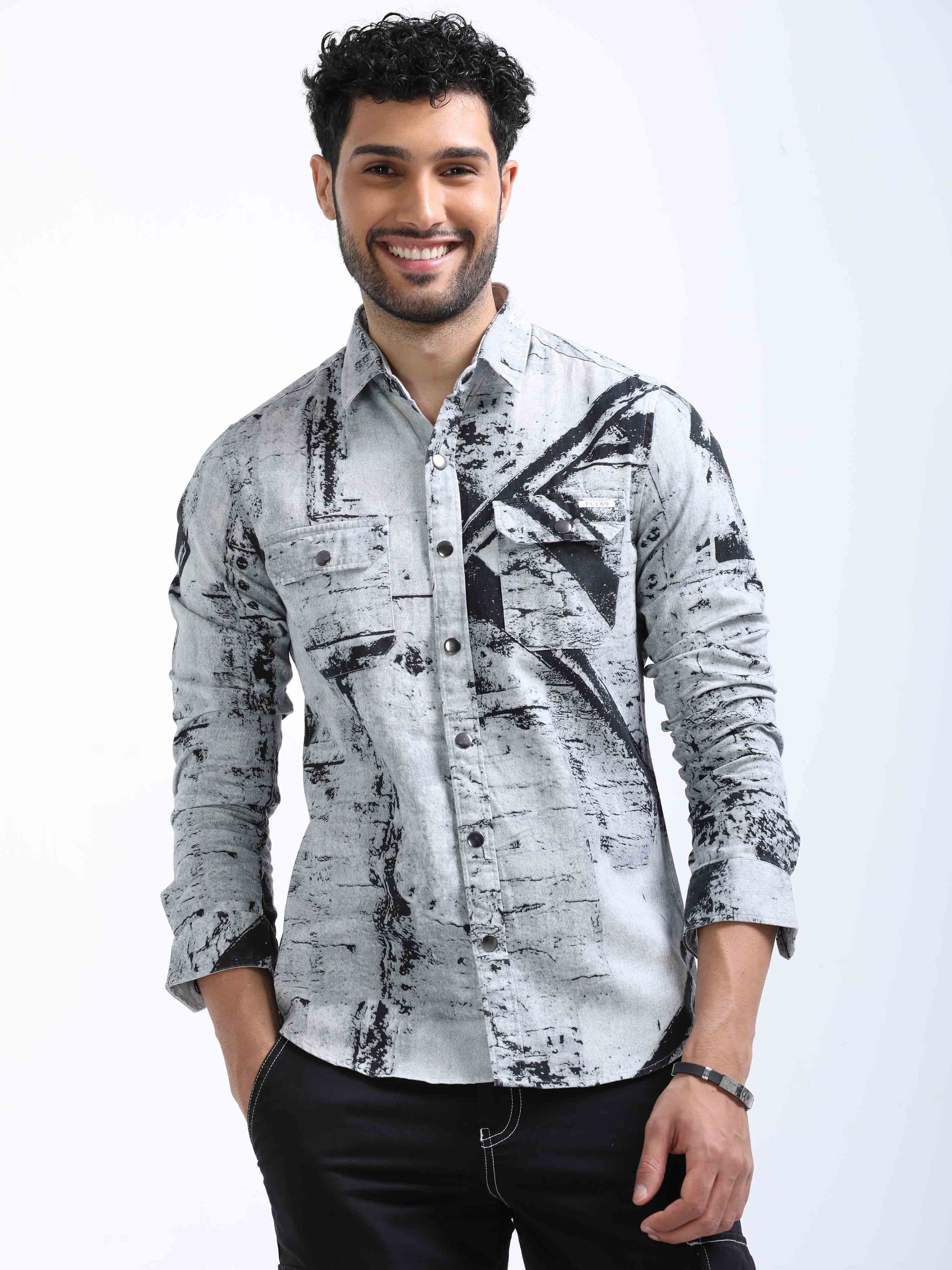 Grey Twill Printed Double Pocket Shirt