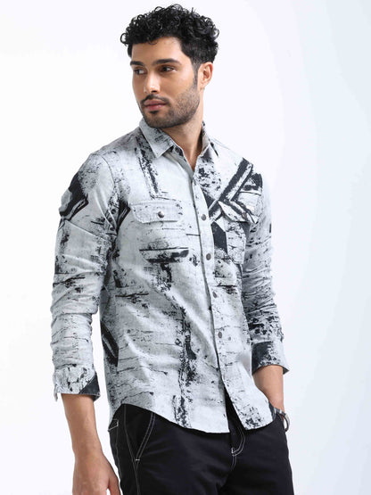 Grey Twill Printed Double Pocket Shirt