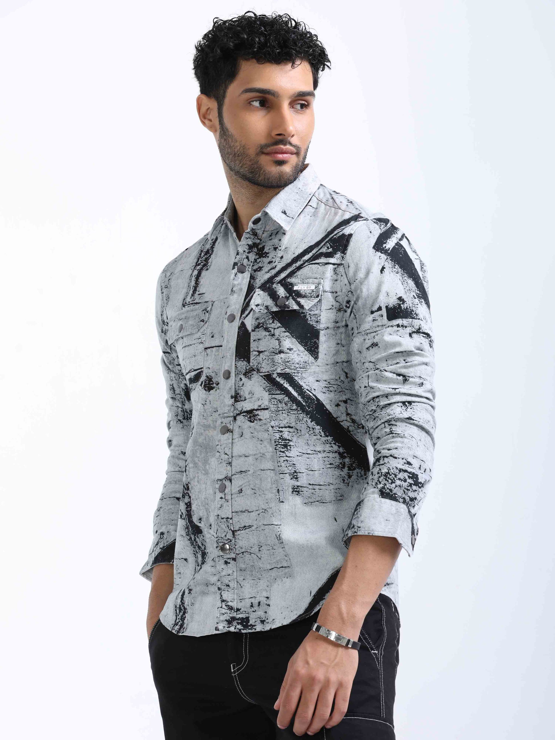 Grey Twill Printed Double Pocket Shirt