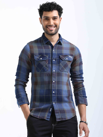 Indigo and Red Checked Denim Shirt