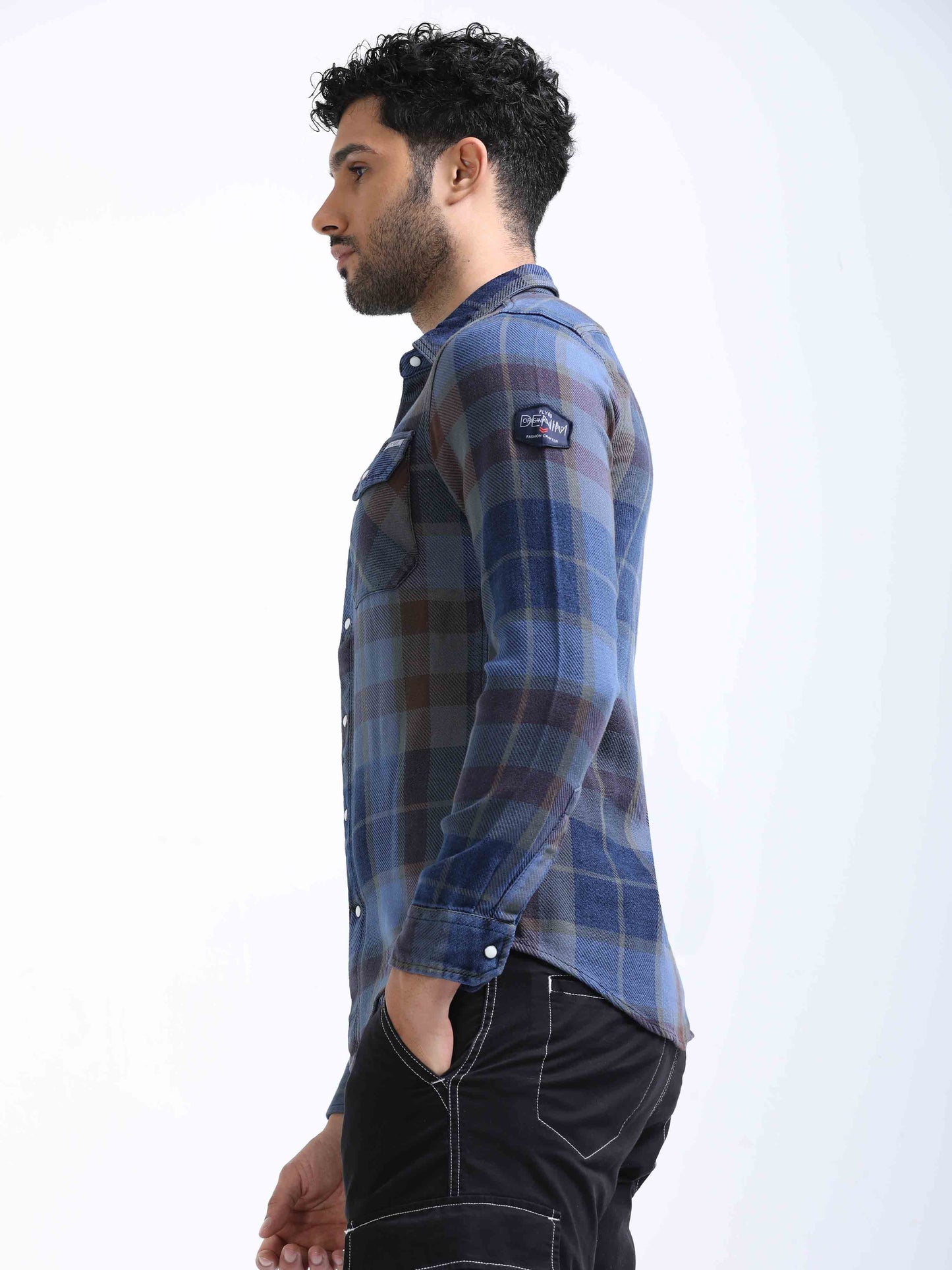 Indigo and Red Checked Denim Shirt