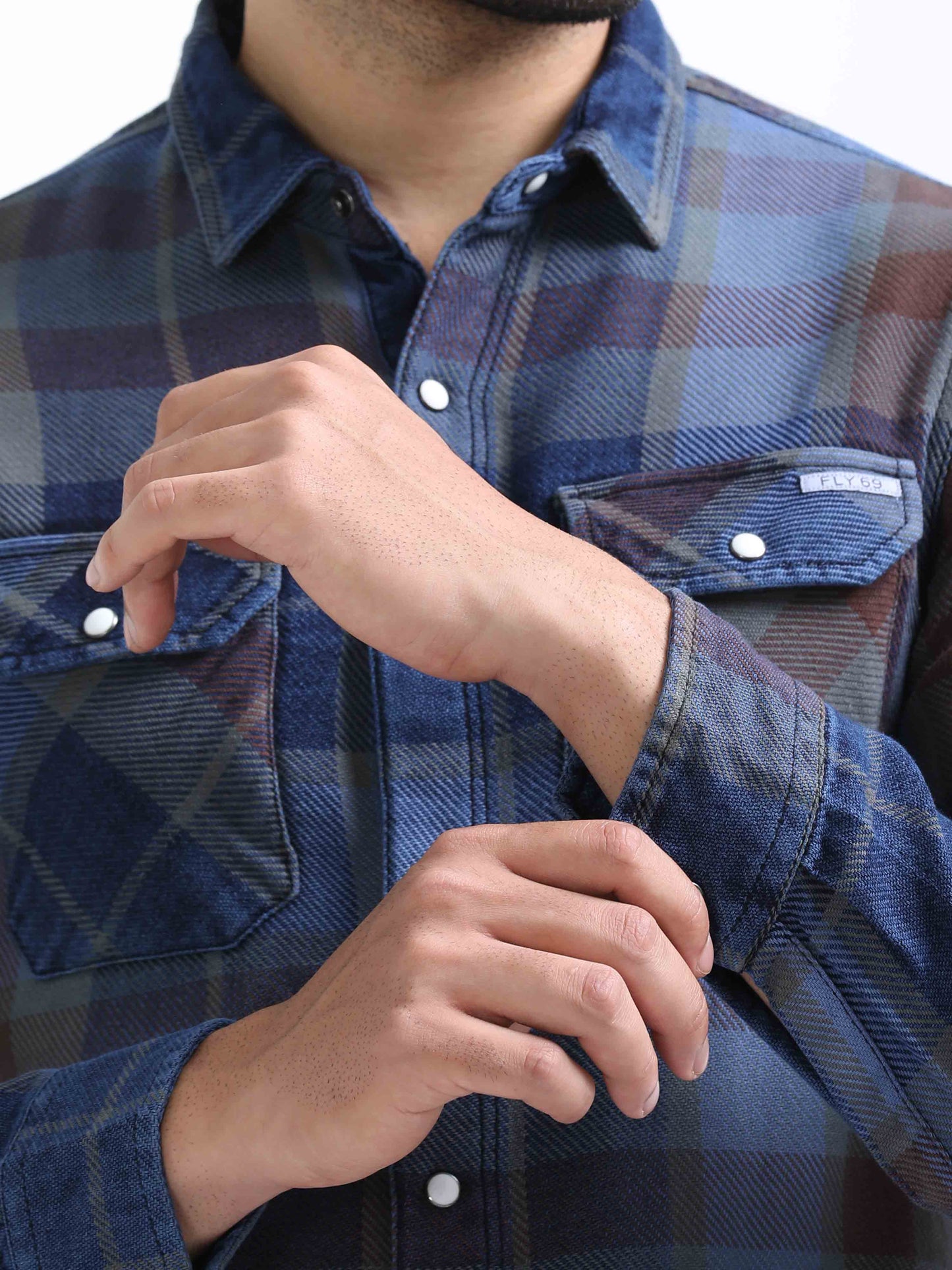 Indigo and Red Checked Denim Shirt