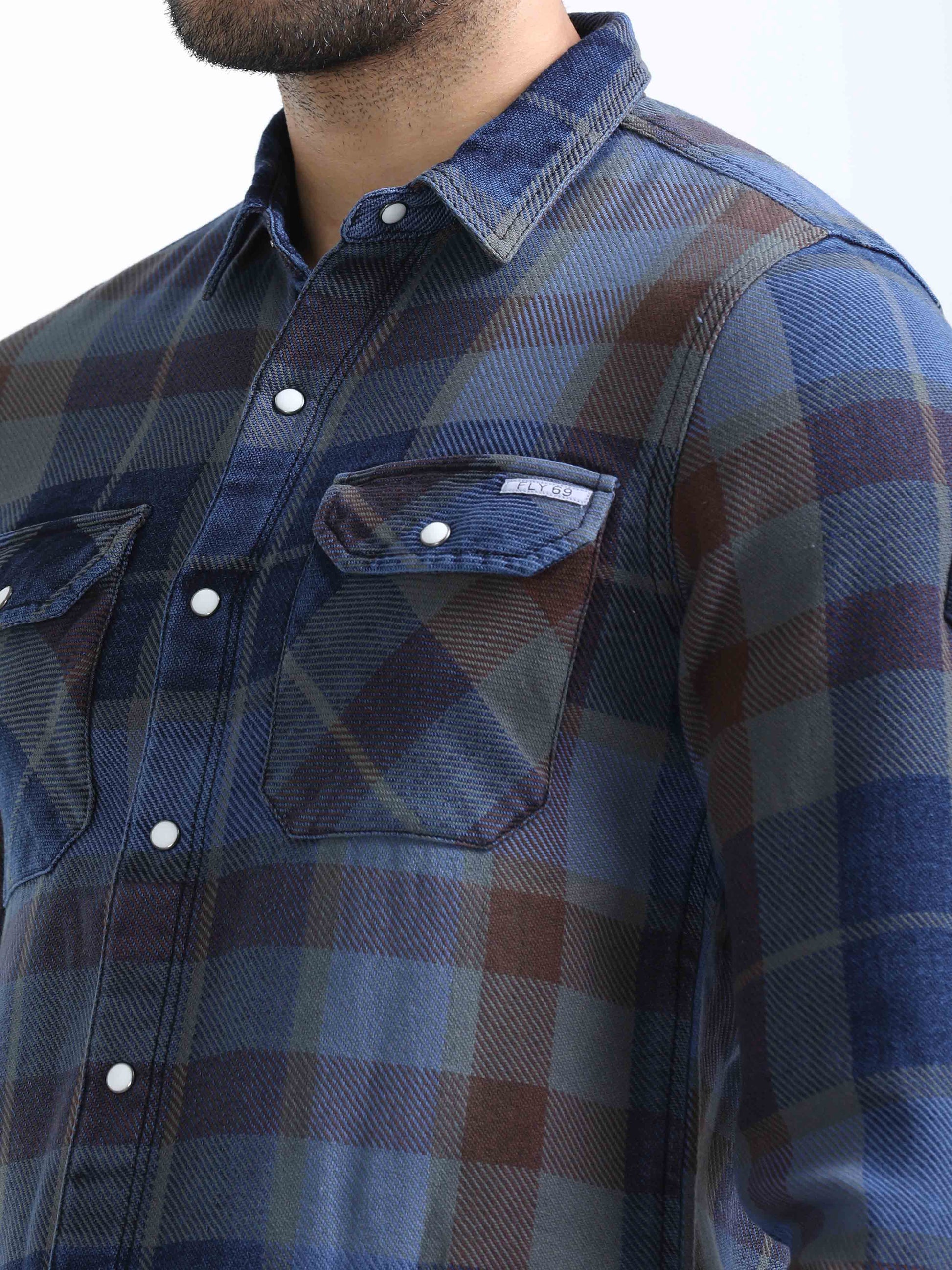 Indigo and Red Checked Denim Shirt