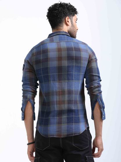 Indigo and Red Checked Denim Shirt