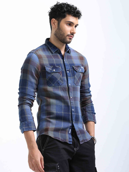 Indigo and Red Checked Denim Shirt