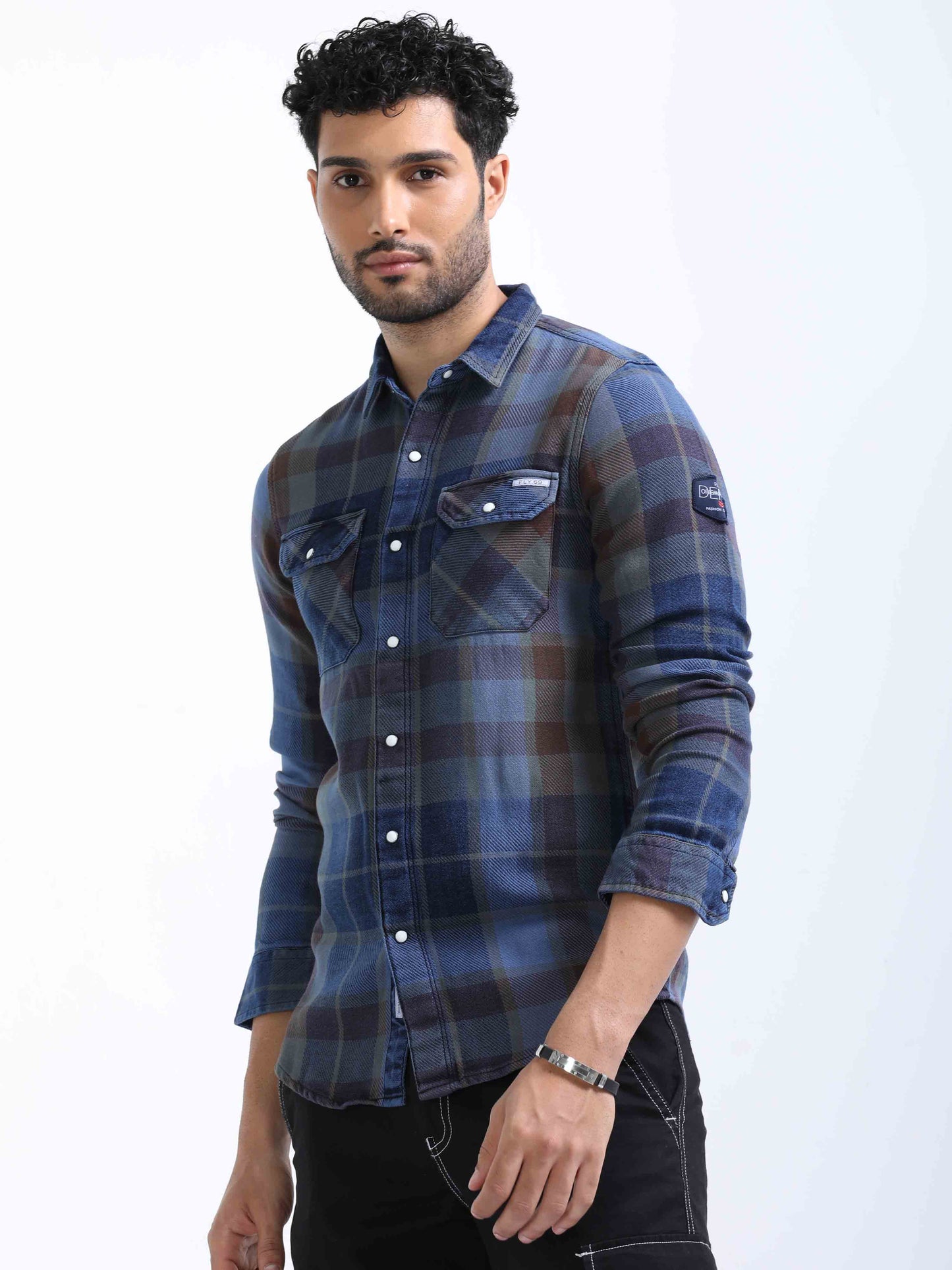 Indigo and Red Checked Denim Shirt