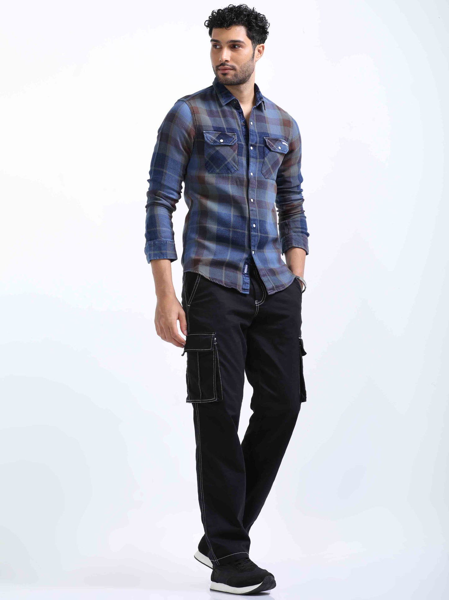 Indigo and Red Checked Denim Shirt