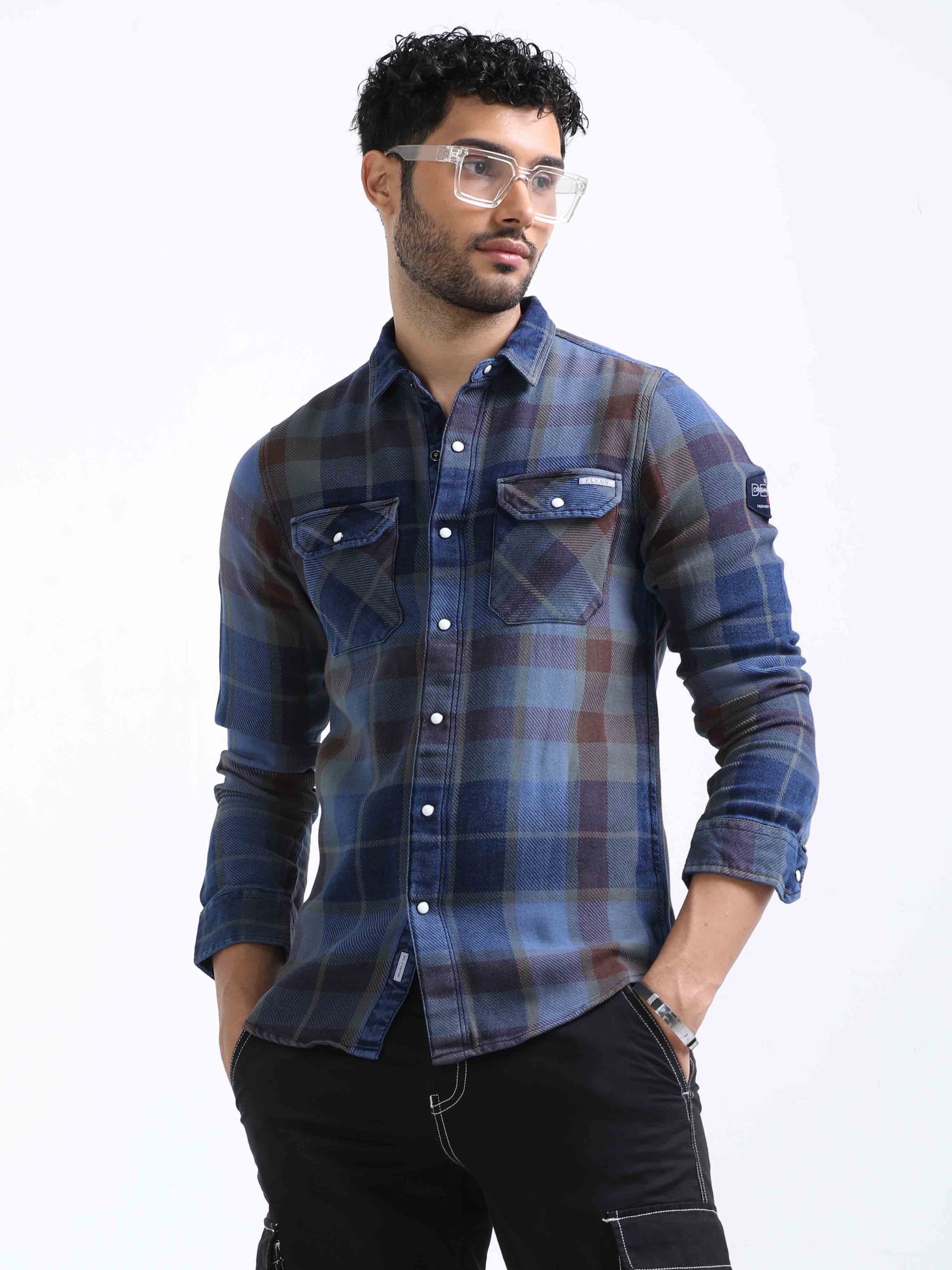 Indigo and Red Checked Denim Shirt